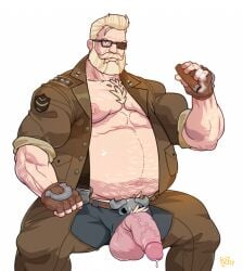 1boy beard blonde_hair chubby facial_hair goldlewis_dickinson guilty_gear hairy male male_focus male_only penis_out precum vinceart2