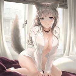 1girls animal_ear_fluff animal_ears animated anthro anthro_only bangs bare_legs barefoot bed between_legs big_breasts black_choker blouse blush breasts brown_hair choker chowbie cleavage collar collarbone commentary curtains dated_commentary ear_wiggle eyelashes eyeliner female female_only fox_ears fox_girl fox_tail grey_eyes grin hand_between_legs heart_pendant indoors jewelry kneeling large_breasts long_hair long_sleeves looking_at_viewer makeup mole mole_on_breast naked_shirt nipples nipples_visible_through_clothing on_bed on_knees open_clothes open_shirt original parted_lips shirt sitting smile solo tail tail_wagging thighs wariza white_shirt window