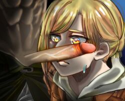 1girls abs annie_leonhardt artist_request attack_on_titan blonde_female blonde_hair blue_hair imminent_oral long_penis looking_at_penis muscular_male oral penis petite shingeki_no_kyojin skinny_penis sweat sweatdrop tied_hair worried