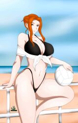 big_breasts bikini black_bikini brown_eyes female huge_breasts milf noir-black-shooter orange_hair tachibana-san-chi_no_dansei_jijou tachibana_kyouka volleyball volleyball_(ball)