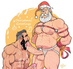 2boys beard big_penis blowjob christmas facial_hair gay glasses jockstrap male male_focus male_only muscular muscular_male old_man pierced_nipples santa_claus vinceart2 white_hair