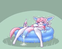 1futa anthro bikini blue_hair breasts clothed clothing drunk eeveelution furry futa_only futanari half-erect huge_cock humanoid_penis ichigo_(hoodielazer) kiddie_pool limebreaker mostly_nude nintendo on_back penis penis_to_the_knees pink_hair pokémon_(species) pokemon pokemon_(species) pool precum precum_drip solo sylveon two_tone_hair white_skin ych ych_result