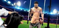 arm_tattoo asian asian_male athletic_male beard belt chest_tattoo cum cum_on_ball daemoncollection dark_hair erection football_(ball) japanese_text kanji lights looking_at_camera male male_focus moon oc original_character pants_down photographer stadium tagme tattoos tony_(daemoncollection) translation_request unbuckled_belt underwear_down