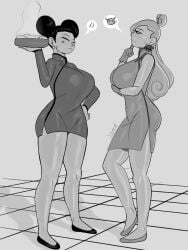 2girls big_breasts breasts clothing dress dumpling female female_only food looking_at_each_other monochrome plate pucca pucca_(franchise) red_eyes ring_ring shoes standing thick_thighs wide_hips yamathegod