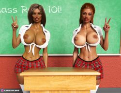 2girls 3d athletic athletic_female bare_midriff big_breasts bimbo breasts busty classroom crop_top danp female female_focus hourglass_figure large_breasts long_hair miniskirt navel revealing_clothes school_uniform schoolgirl skimpy skimpy_clothes skirt tagme tied_shirt wide_hips