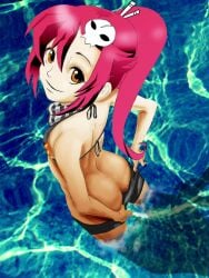 1girls alternate_breast_size ass ass_cleavage beach bikini_pull breasts butt_crack clothes_pull dat_ass downpants legs looking_at_viewer ocean ponytail red_hair small_breasts smile solo tengen_toppa_gurren_lagann thighs undressing water yoko_littner