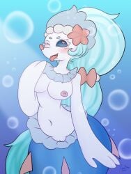 <3_eyes 2022 3:4 anthro blue_body blue_hair blue_skin blush breasts female gapsay genitals hair hand_on_breast heart hi_res long_hair navel nintendo nipples one_eye_closed open_mouth pink_nipples pink_nose pokémon_(species) pokemon primarina pussy signature solo tongue tongue_out underwater video_games water white_body white_skin wink