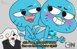 1boy 2girls accurate_art_style age_difference cartoon_network censor_bar censored clothed clothed_female_nude_female clothed_female_nude_male cloud_humanoid doggy_style domestic_cat earrings eye_contact felid_humanoid feline gasp gumball_watterson hair_over_one_eye hetero horny_female incest leaning_forward milf mosaic_censoring mother_and_son mr_valentine00 nicole_watterson nude nude_female nude_male open_mouth pixelated red_lips red_lipstick smile style_parody text the_amazing_world_of_gumball white_hair white_skin yuki_yoshida