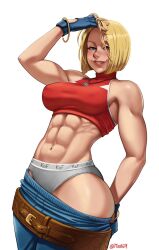 1girls abs arm_up armpits bare_shoulders belt big_ass blonde_hair blue_eyes blue_gloves blue_mary blue_pants blush bracelet breasts brown_belt clothes_pull clothes_writing copyright_name crop_top denim fatal_fury female female_only fingerless_gloves gloves grey_panties hand_on_own_head highres jeans jewelry king_of_fighters king_of_fighters_xv looking_at_viewer medium_breasts mootium muscular muscular_female navel necklace obliques panties pants pants_pull parted_lips pulled_by_self short_hair simple_background smile snk solo standing twitter_username underwear underwear_writing white_background white_female