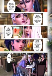 3d 4girls ahri akali comic dialogue evelynn fully_clothed k/da_all_out_ahri k/da_series kai'sa kinkykatt3d league_of_legends light-skinned_female looking_at_viewer looking_away restaurant tagme talking text_bubble