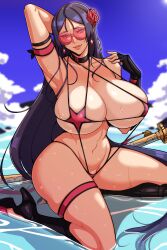 1girls 2022 absurd_res alecto_0 arm_up armpits barely_clothed barely_contained bikini blush breasts choker earrings fate/grand_order fate_(series) female female_only flower_hair_ornament glasses hair_ornament hi_res hips huge_breasts kneeling long_hair mature_female milf minamoto_no_raikou_(fate/grand_order) outdoors purple_eyes purple_hair red-tinted_eyewear slim_waist star_bikini string_bikini sunglasses sweat sweaty_body thick_thighs thighs tinted_eyewear wide_hips