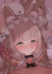 :>= animal_ear_fluff animal_ears bangs bar_censor blush brown_hair censored clothed_female_nude_male dress eutopia1234 fellatio female fox_ears fox_girl from_above green_eyes hairband highres lolita_fashion long_hair looking_at_viewer maho_(princess_connect!) male_pubic_hair mosaic_censoring nude oral penis pink_dress pov princess_connect! pubic_hair solo_focus straight stuffed_animal stuffed_toy