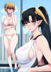 2girls aranis_elvene big_breasts breasts duo_female earrings elf female female_only horns kaiju large_breasts light-skinned_female light_skin long_hair looking_at_viewer multiple_girls pixela_isekai pixela_legends pixela_project ponytail swimming_costume umino_ciala virtual_youtuber vtuber waist xtermination