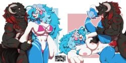 anthro anthro_on_anthro anthro_penetrated anthro_penetrating anthro_penetrating_anthro big_breasts big_penis bikini black_body black_fur black_nose blue_body blue_hair blue_skin bodily_fluids breast_grab breast_play breasts canid canine clothed clothing cum cum_in_pussy cum_inside duo ejaculation female female_penetrated fenris_(fenrisulfr45) fur genital_fluids genitals hair hand_on_breast horn huge_cock hybrid knot long_hair male male/female male_penetrating male_penetrating_female mammal muscular muscular_anthro muscular_male nintendo nipples nude open_mouth penetration penis pink_nipples pink_nose pokémon_(species) pokemon primarina pussy red_eyes simple_background swimwear tattoorexy teeth tongue vaginal_penetration vaginal_penetration video_games white_body white_skin