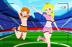 2girls 3d blonde_hair blue_eyes breasts breasts_out brown_hair butts69420 camera_view crown female_focus football highres illusion_soft koikatsu mario_(series) mario_strikers nintendo nipples orange_shorts pink_shorts png ponytail princess princess_daisy princess_peach pulling_up_shirt soccer spats video_games