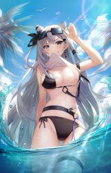 beach bikini grin hololive hololive_indonesia hololive_indonesia_holoh3ro long_hair shirt_in_mouth shirt_lift shuvi_(shuvi1125) silver_hair sunglasses sunglasses_on_head swimsuit tagme vestia_zeta virtual_youtuber