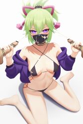 1girls 2boys absurdres bangs bar_censor barefoot bikini black_bikini black_choker blush body_markings breasts bukkake censored choker criss-cross_halter cropped_jacket cum cum_on_body cum_on_breasts cum_on_clothes cum_on_hair cum_on_mask dot_nose facial female genshin_impact hair_between_eyes hair_ornament halterneck handjob hands_up highres jacket kuki_shinobu legs light-skinned_female light-skinned_male light_skin looking_at_viewer mask mmf_threesome mouth_mask multiple_boys no_mask off_shoulder penis purple_eyes purple_jacket re_butayarou rope shimenawa short_ponytail simple_background sitting solo_focus straight swimsuit thighs threesome v-shaped_eyebrows wariza white_background