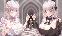 1boy 2girls absurdres artificial_vagina azur_lane black_dress black_vs_white blue_eyes blue_gemstone bondage breast_rest breasts broken broken_chain chains cleavage contrast cuffs dress dual_persona earrings egg_vibrator emden_(azur_lane) ffm_threesome flower flower_in_eye gem group_sex highres huge_breasts jewelry long_hair looking_at_viewer multiple_girls oza_osuwari padlocked_collar red_eyes red_flower red_gemstone red_rose rose sex_toy shackles small_penis smile strapless strapless_dress symbol_in_eye threesome used_artificial_vagina vibrator white_dress white_flower white_hair white_rose