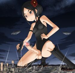 1futa balls big_penis black_hair breasts chise_todo city clothed clothing destruction erect_penis erection futa_giantess futa_only futanari giant_futanari giantess human kneeling light-skinned_futanari light_skin macro macro_futa ochiko_terada partially_clothed penis precum princess_principal solo testicles