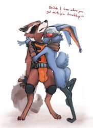 2022 anthro ass blackjack_o'hare blue_body brown_body bulge cybernetic_leg cybernetic_limb cybernetics cyborg dialogue digitigrade duo embrace english_text genital_outline guardians_of_the_galaxy hare hi_res hug lagomorph leporid machine male male_only mammal marvel mindkog nude orange_bodysuit penis_outline procyonid raccoon red_eyes rocket_raccoon simple_background standing text white_background