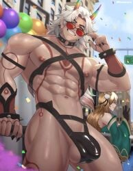 1boy abs arataki_itto arm_strap balloon balls bangs bare_shoulders biceps black_gloves blonde_hair blue_sky body_tattoo buildings bulge clenched_teeth collar confetti ear_piercing functionally_nude_male gauntlets gay gay_pride genshin_impact gorou_(genshin_impact) gradient_hair hair_ornament harness horns jockstrap khanosera leaning_against_railing long_hair looking_at_viewer lowering_sunglasses male male_focus male_only ms_hina_(genshin_impact) muscular_male nipples one_eye_closed orange_eyes outdoors outside pecs pride pride_colors pride_parade public pulling_down_sunglasses rainbow_horn rainbow_horns revealing_clothes side_balls skin_pattern smile smoke smooth_skin spiked_collar street_sign sunglasses tanned_male twitter_username waving white_hair wink