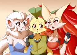 2girls big_breasts braixen bray_(lucyfercomic) breasts cincci_(lucyfercomic) cinccino cleavage eeveelution female female_focus kaito_(inarifox) leafeon lucyfercomic male nintendo pokemon pokemon_(species)