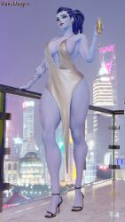 3d amelie_lacroix big_breasts blizzard_entertainment bracelet champagne cleavage dress earrings heels high_heels no_bra overwatch overwatch_2 purple_hair purple_skin red_lipstick sparkles sparkling_dress tattoo thick_thighs vonsvaigen widowmaker yellow_eyes