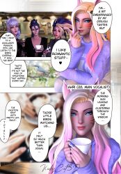 3d 4girls ahri akali blush coffee comic dialogue evelynn fully_clothed k/da_all_out_ahri k/da_series kai'sa kinkykatt3d league_of_legends light-skinned_female looking_at_viewer restaurant tagme talking text_bubble