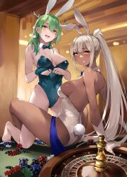 2girls bunnysuit ceres_fauna condom gambling green_hair hololive hololive_english hololive_english_-council- hololive_english_-promise- looking_at_viewer multiple_girls tsukumo_sana virtual_youtuber zen_juraku