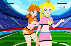 2girls 3d blonde_hair blue_eyes breasts breasts_out brown_hair butts69420 camera_view crown female_focus female_pervert football highres illusion_soft koikatsu mario_(series) mario_strikers nintendo nipples orange_shorts pink_shorts png ponytail princess princess_daisy princess_peach pulled_up_shirt soccer spats video_games