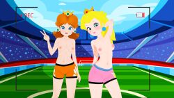 2girls 3d blonde_hair blue_eyes breasts breasts_out brown_hair butts69420 camera_view crown female_focus football football_player football_uniform highres illusion_soft koikatsu looking_at_viewer mario_(series) mario_strikers nintendo nipples orange_shorts peace_sign pink_shorts png ponytail princess princess_daisy princess_peach spats topless video_games