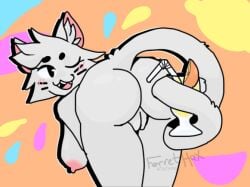 animal_ears artist_signature ass bent_over big_ass breasts ferrethax gray_fur lemonade lemonade_cat nipples pussy roblox roblox_game smiling tagme tail thick_thighs tower_heroes wink