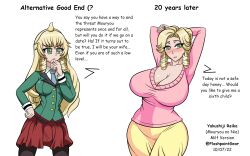 1girls age_progression aged_up alternate_breast_size alternate_costume alternate_hairstyle big_breasts blonde_hair breasts cleavage female_only flashpoint_gear_(artist) good_end green_eyes hourglass_figure housewife huge_breasts mature_female milf milfication mouryou_no_nie uniform white_background yakushiji_reika