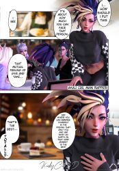 3d 4girls ahri akali athletic_female blush comic dialogue evelynn fully_clothed k/da_all_out_ahri k/da_series kai'sa kinkykatt3d league_of_legends light-skinned_female looking_at_viewer restaurant tagme talking text_bubble