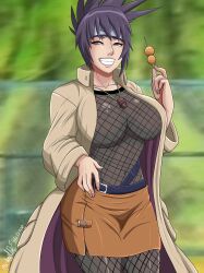 1girls belt big_breasts bodysuit breasts brown_eyes busty dango female female_only fishnet_bodysuit fishnets food grin holding_food holding_object mitarashi_anko naruto naruto_(series) naruto_shippuden ponytail revealing_clothes skirt smile smug smug_face smug_grin smug_smile solo solo_focus straps tied_hair tight_clothing trenchcoat voluptuous