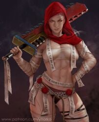 abs adepta_sororitas bandages chainsword holding hood human imperium_of_man looking_at_viewer muscular_female purity_seal red_hood sister_of_battle sister_repentia warhammer_(franchise) warhammer_40k ynorka