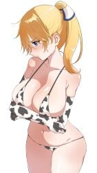 1girls animal_print bare_shoulders bikini blonde_hair blue_eyes blush breasts cleavage closed_mouth collarbone cow_print cow_print_gloves female genderswap_(mtf) guilty_gear hair_ribbon highres ky_kiske kyko large_breasts m.u.g.e.n navel ponytail ribbon rule_63 simple_background solo swimsuit toto81311148 underwear white_background