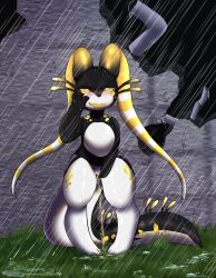 absurd_res antennae_(anatomy) anthro blush bodily_fluids digital_media_(artwork) fan_character female genital_fluids genitals grass hi_res looking_at_viewer nude peeing plant pussy rain_world raining raveneevee simple_background slugcat smile solo urine urine_on_ground urine_pool urine_stream video_games watersports white_body yellow_eyes