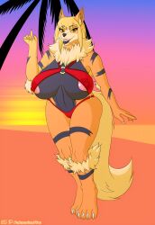 2020 arcanine beach big_ass big_breasts bikini breasts cute fluffy_tail nintendo nipples palmarianfire piercing pokemon pokemon_(species)