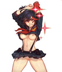 angry angry_face asian blue_eyes blushypixy blushyspicy breasts confident female female_only hd kill_la_kill matoi_ryuuko no_bra no_panties pussy senketsu simple_background skirt skirt_lift solo standing tomboy wardrobe_malfunction windy_skirt