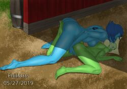 2girls ass blue_skin feet fingering green_skin lapis_lazuli_(steven_universe) multiple_girls on_ground outdoors peridot_(steven_universe) phillarts sex steven_universe yuri