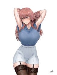 alterzk armpits arms_behind_head baggy_shirt blue_shirt blush blushing bra_visible_through_clothes embarrassed garter_straps inui_shinju laced_thigh_highs large_breasts long_hair looking_away messy_hair pink_hair posing see-through_clothing shiny_skin skirt sono_bisque_doll_wa_koi_wo_suru stockings thick_thighs white_background