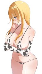 1girls animal_print bare_shoulders bikini blonde_hair blue_eyes blush breasts cleavage closed_mouth collarbone cow_print cow_print_gloves female genderswap_(mtf) guilty_gear hair_down hair_ribbon highres ky_kiske kyko large_breasts m.u.g.e.n navel ribbon rule_63 simple_background solo swimsuit toto81311148 underwear white_background