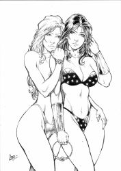 2girls bikini black_and_white black_hair bracelet caio_marcus crossover dc dc_comics diana_prince fit_female imminent_yuri looking_at_viewer sara_pezzini topless voluptuous witchblade wonder_woman wonder_woman_(series)