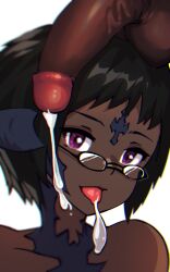 after_fellatio an'nah_souleater au_ra balls black_hair cum dark-skinned_female dark-skinned_male final_fantasy final_fantasy_xiv glasses looking_at_viewer magnifire penis pink_eyes scales short_hair tongue_out xaela