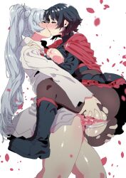 1futa 1girls absurdres black_hair blue_eyes blush boots breasts cape censored clothed clothing dress duo female futa_on_female futanari hahahawo highres human intersex kissing light-skinned_female light-skinned_futa light_skin long_hair medium_breasts mostly_clothed multicolored_hair multiple_girls panties pantyhose penis petals pussy red_hair rose_petals ruby_rose rwby sex stand_and_carry_position standing standing_sex underwear upright_straddle vaginal_penetration weiss_schnee white_background
