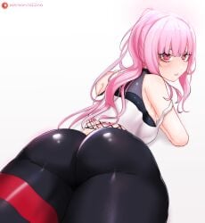 1girls ass ass_focus back_view crop_top hi_res hololive hololive_english hololive_myth long_hair looking_at_viewer lying mori_calliope o22no pants pink_eyes pink_hair solo tight_clothes tight_pants virtual_youtuber