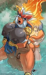 anthro blue_eyes cropped_legs dark-skinned_male double_penetration fire fucked_silly game_freak head_between_breasts height_difference huge_breasts infernape lips lurkergg mmf_threesome monkey_girl motion_blur motion_lines muscular_legs nintendo nude open_mouth orange_body pokemon pokemon_(species) pokemon_dppt rolling_eyes sweat tail_grab thick_thighs threesome water white_hair