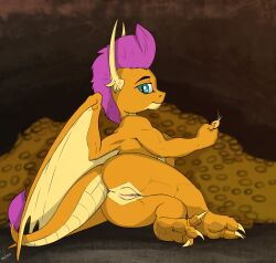 anthro anus cave claws coin detailed_background dragon female friendship_is_magic genitals hasbro hi_res looking_at_viewer lying membrane_(anatomy) membranous_wings money my_little_pony on_side orange_body pussy rear_view signature smolder_(mlp) solo teal_eyes treasure wings zafara_(artist)