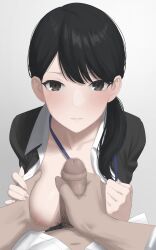 1boy bangs black_eyes black_hair black_jacket breast_grab breasts censored closed_mouth commentary_request erection female grabbing grey_background hair_over_shoulder hands_up highres jacket kaminari_doon lanyard long_hair looking_at_viewer male_masturbation male_pubic_hair masturbation medium_breasts mosaic_censoring nipples office_lady open_clothes open_shirt original pubic_hair shirt simple_background small_penis straight swept_bangs white_shirt